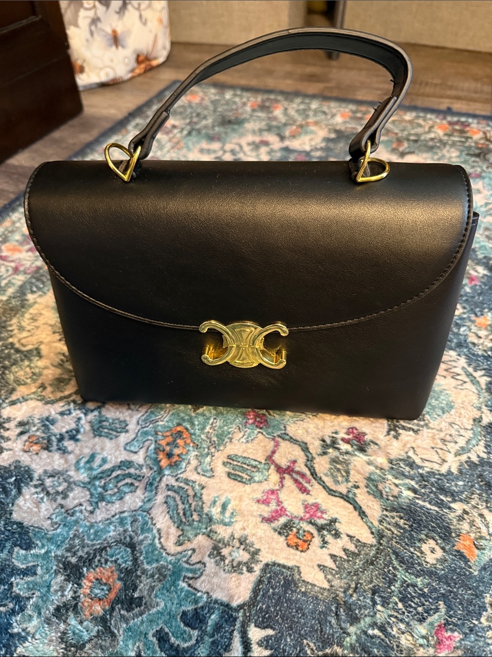 FASHION Black Top-Handle PU Leather Bag with Gold Hardware. Celine faux